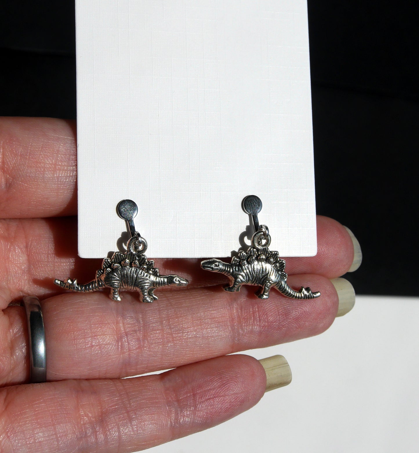 Dinosaur Shaped Silver Toned Earrings (Ear Hook, Stud or Clip On)