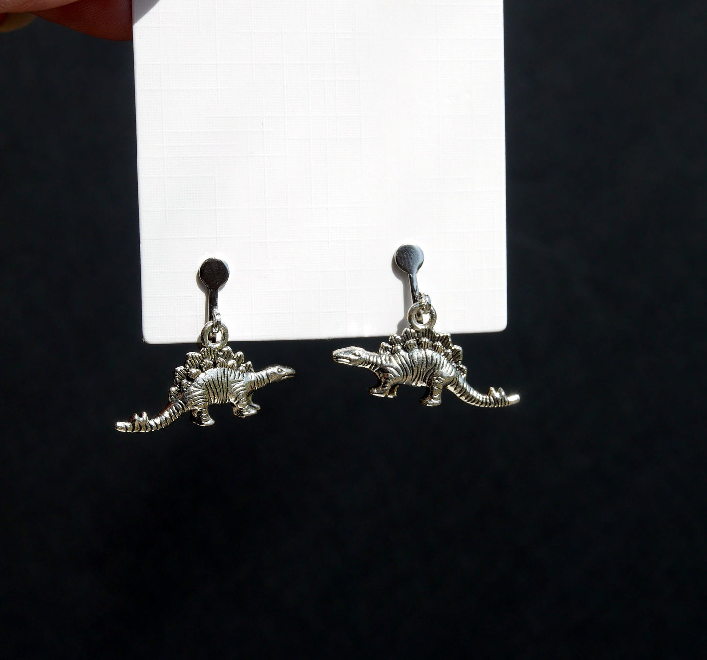 Dinosaur Shaped Silver Toned Earrings (Ear Hook, Stud or Clip On)