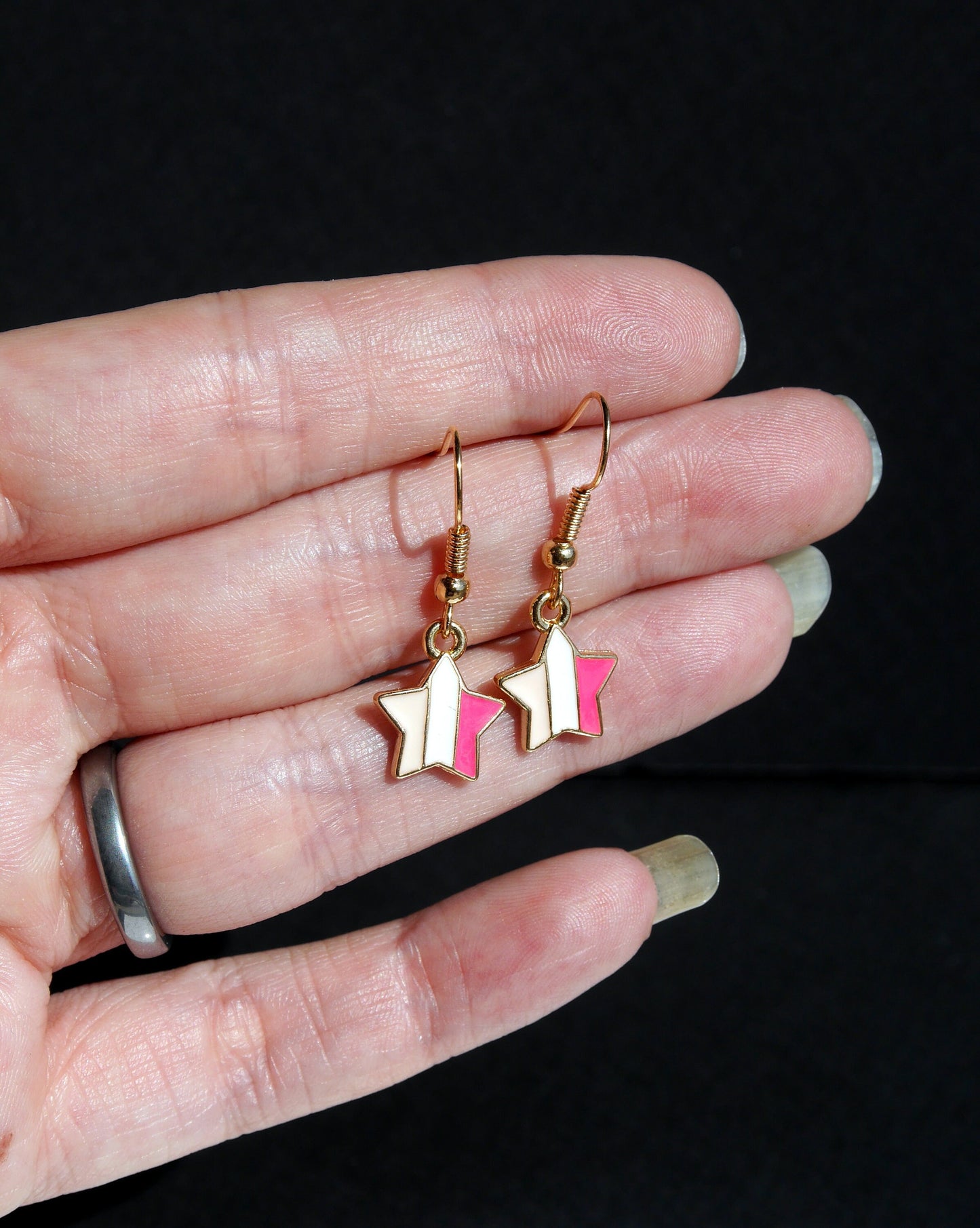 Celestial Gold Star Shaped Earrings with Pink or Green Enamel Stripes