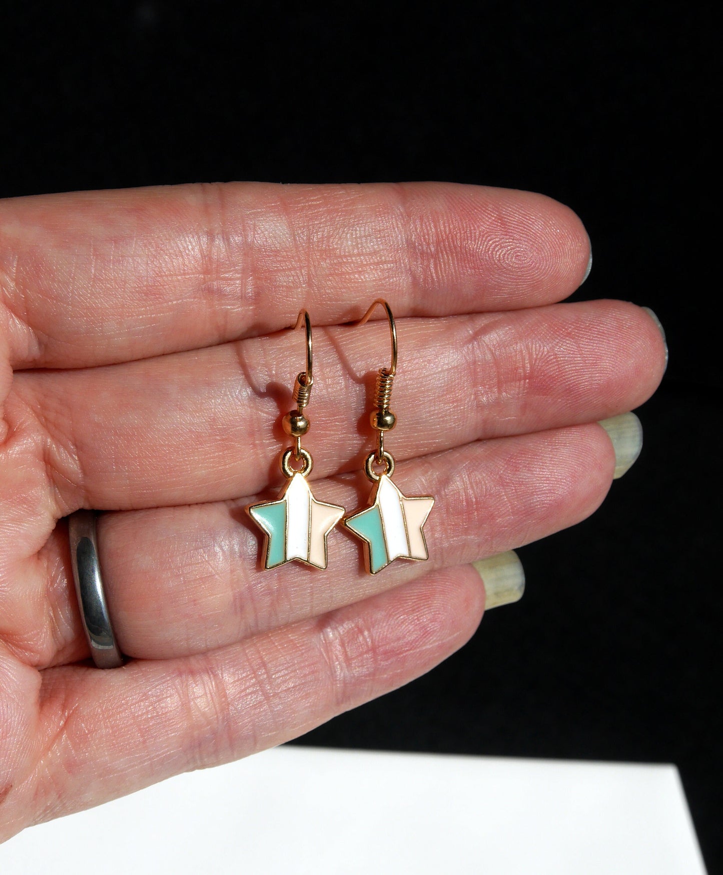 Celestial Gold Star Shaped Earrings with Pink or Green Enamel Stripes