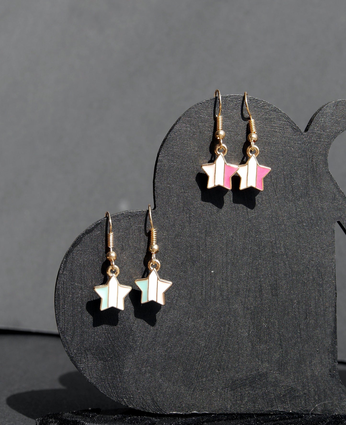 Celestial Gold Star Shaped Earrings with Pink or Green Enamel Stripes