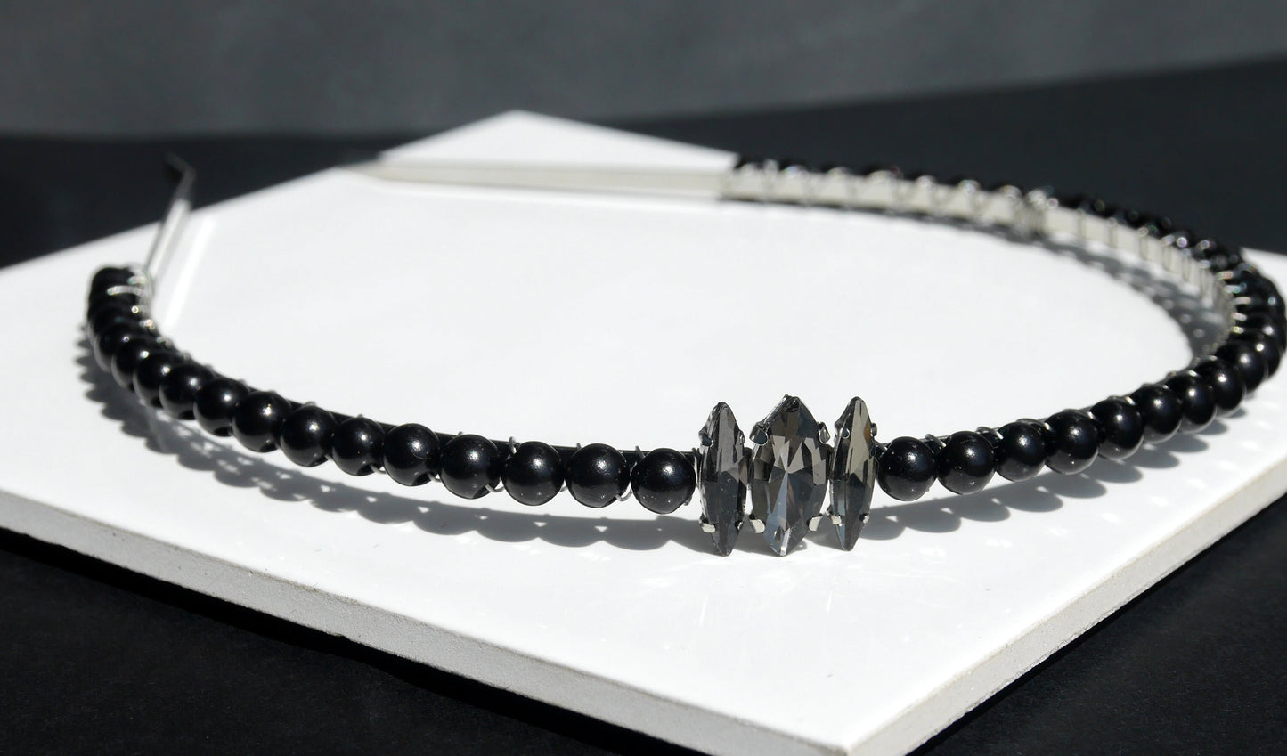 Black Gothic Rhinestone and Pearl Wedding Prom Tiara Hair Piece