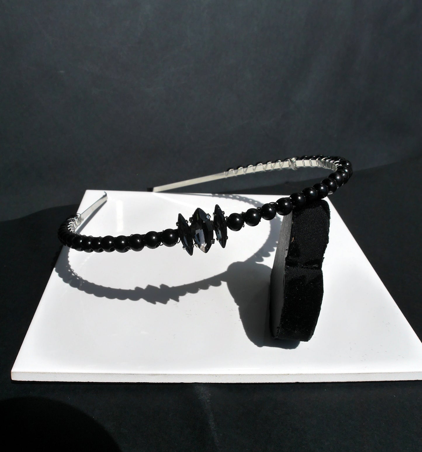 Black Gothic Rhinestone and Pearl Wedding Prom Tiara Hair Piece