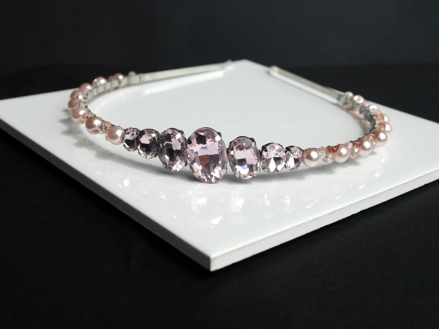 Thin Pink Pearl Diamante Prom Wedding Tiara Headband