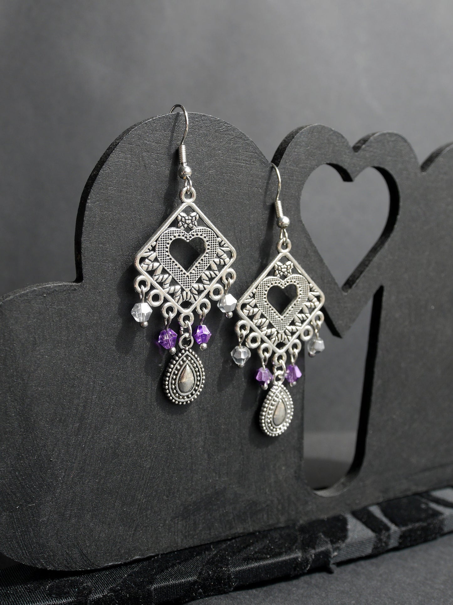 Silver Purple Filigree Earrings (Ear Hook, Stud or Clip On)