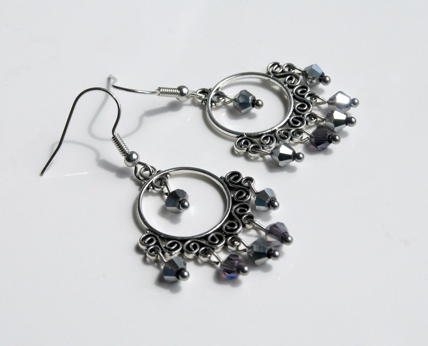 Silver Purple Dangling Filigree Earrings