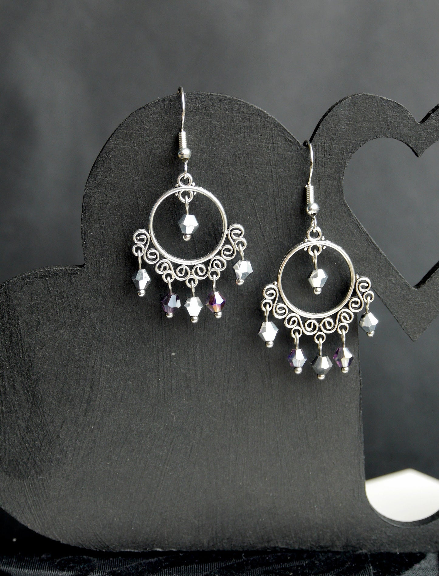 Silver Purple Dangling Filigree Earrings