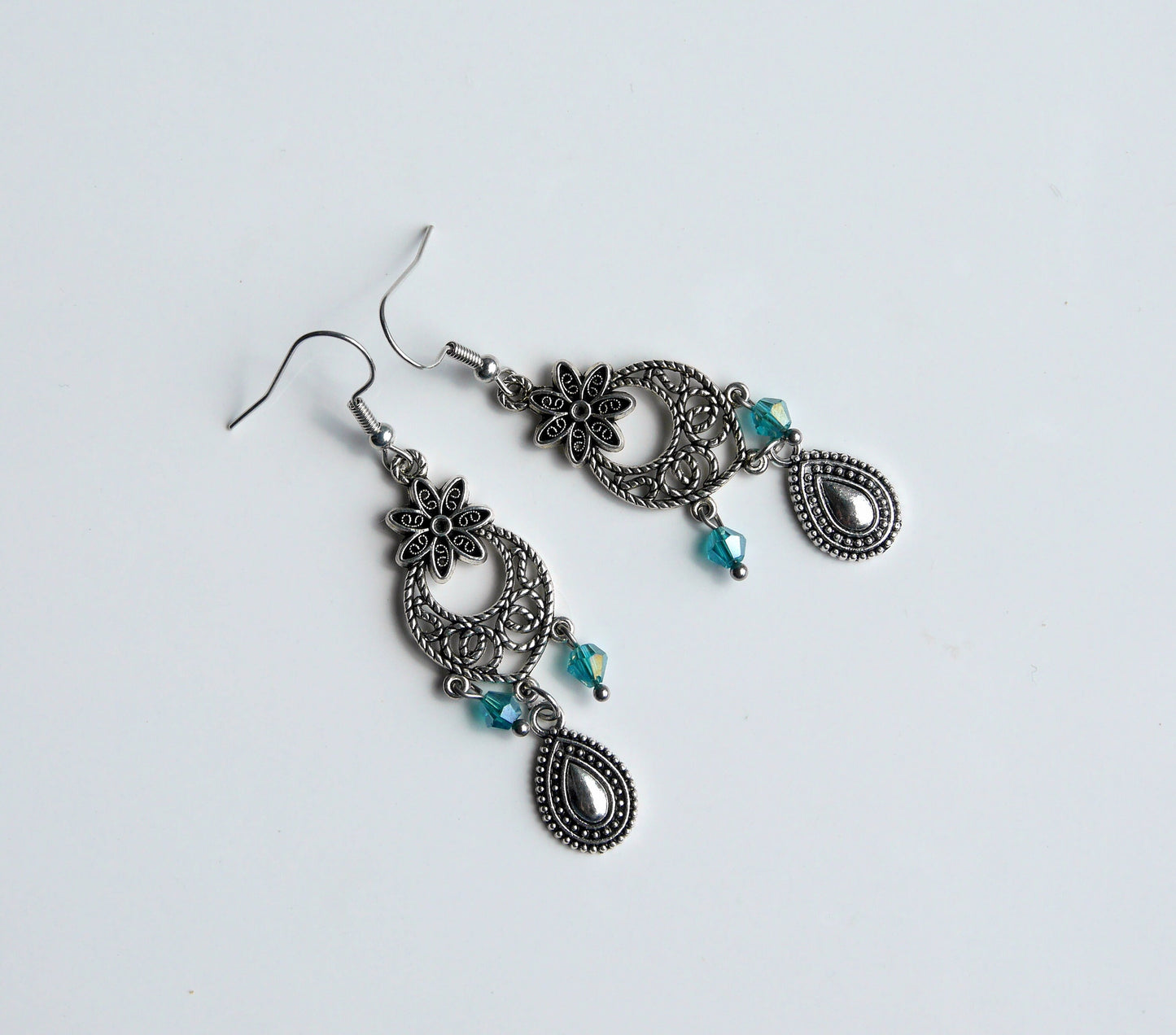 Silver Blue Filigree Charm Earrings