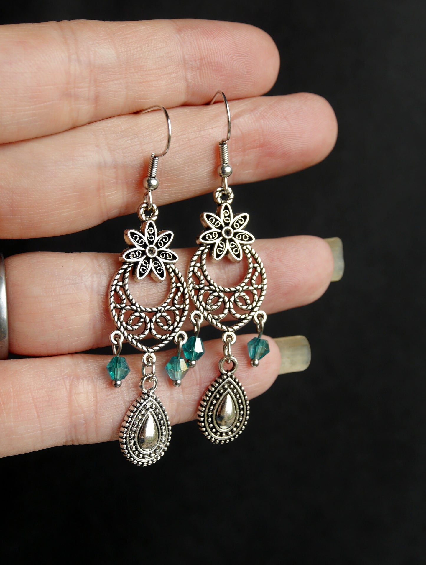 Silver Blue Filigree Charm Earrings