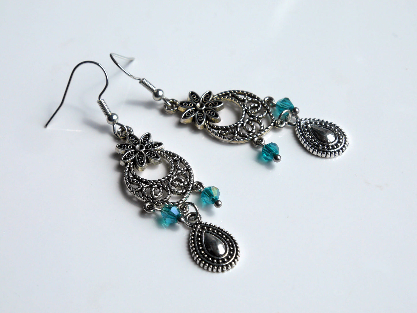Silver Blue Filigree Charm Earrings