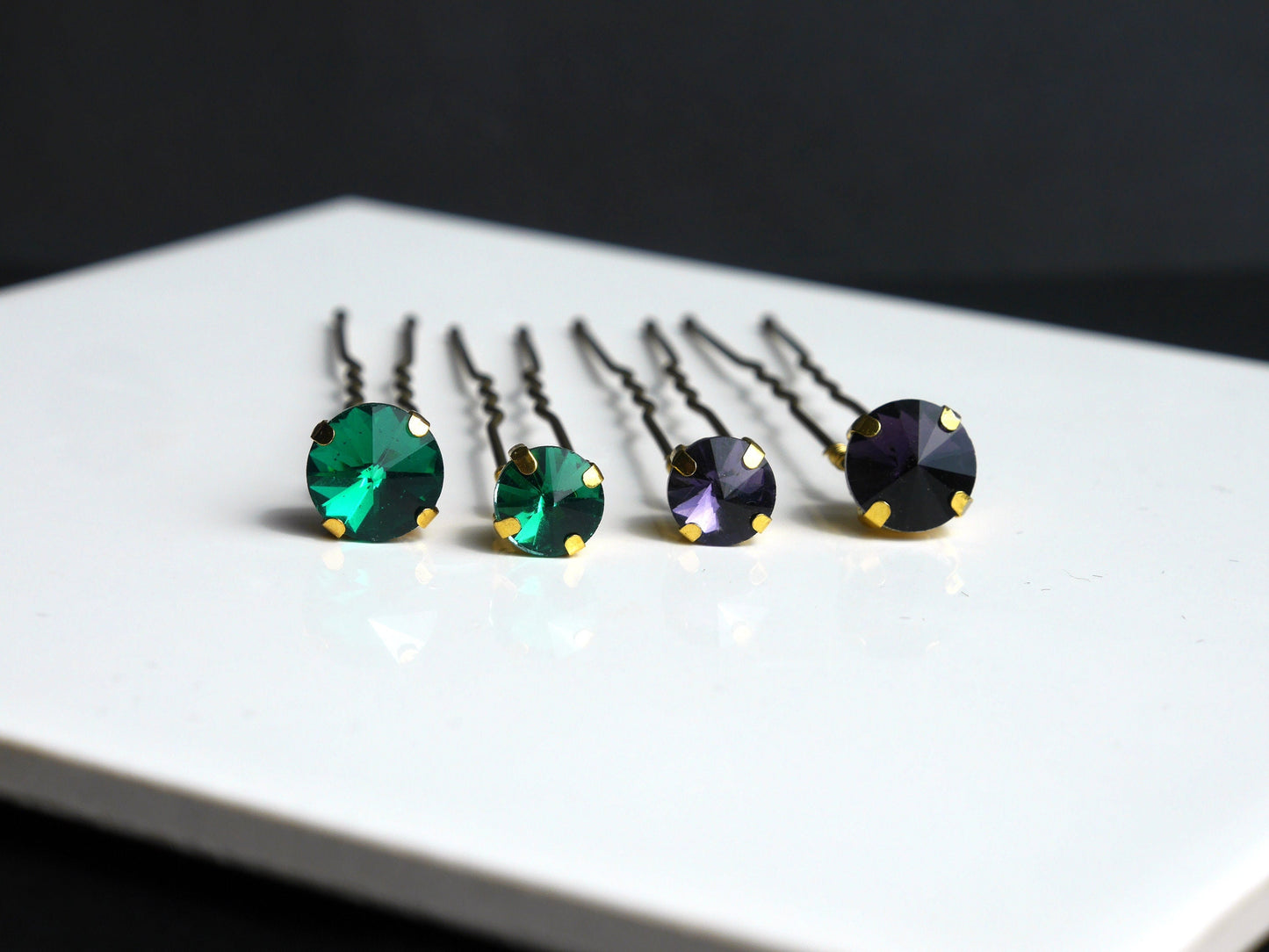 Emerald Green Hair Grips, Purple Green Ballet Hair Pins, Amethyst Hair Pins, Amethyst Purple Hair Grips, Green Gold Flower Girl Hair Pins, to add a touch of glam to hair.