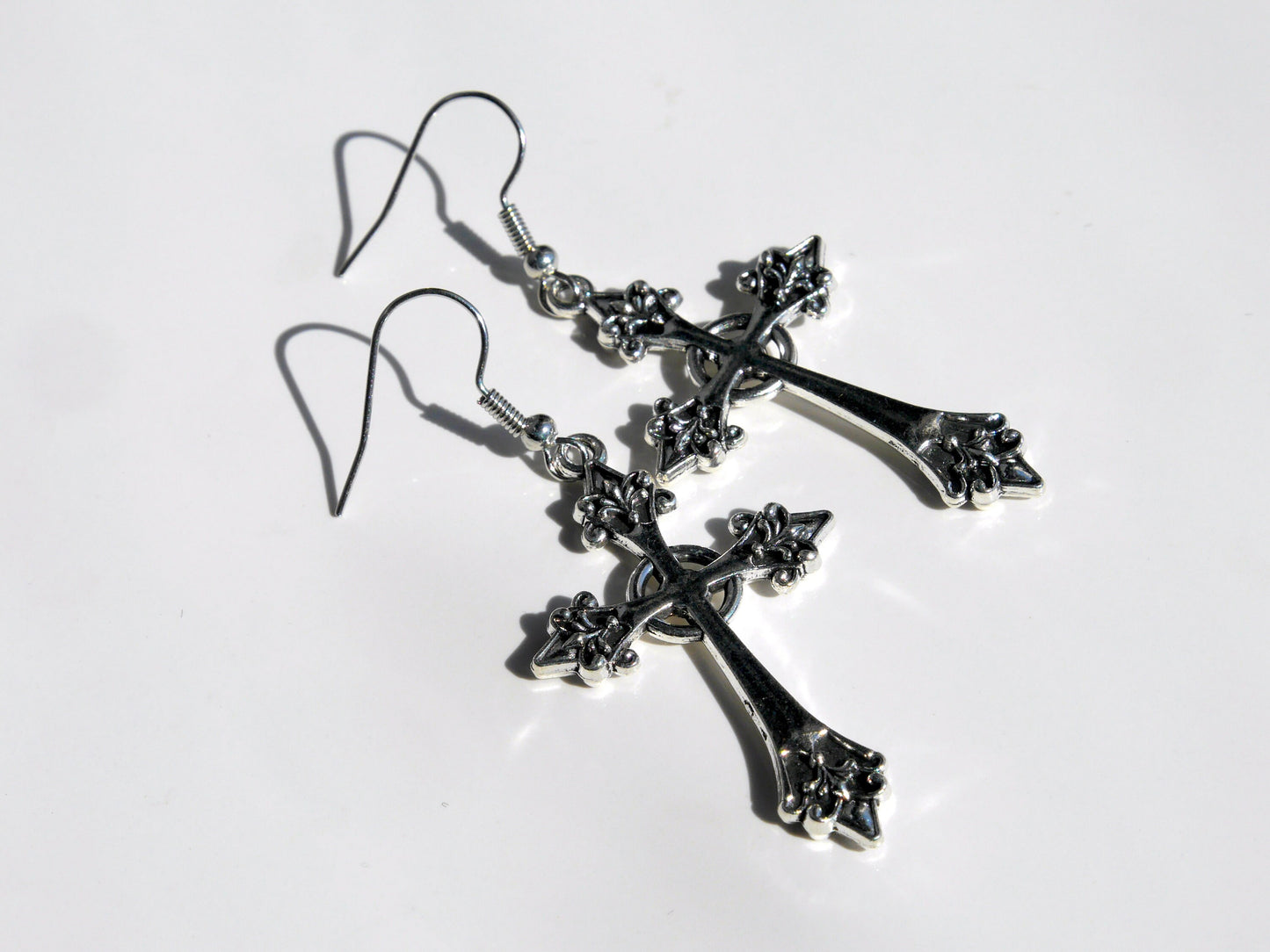 Gothic Antique Silver Tone Christian Cross Earrings (Ear Hook, Stud or Clip On)