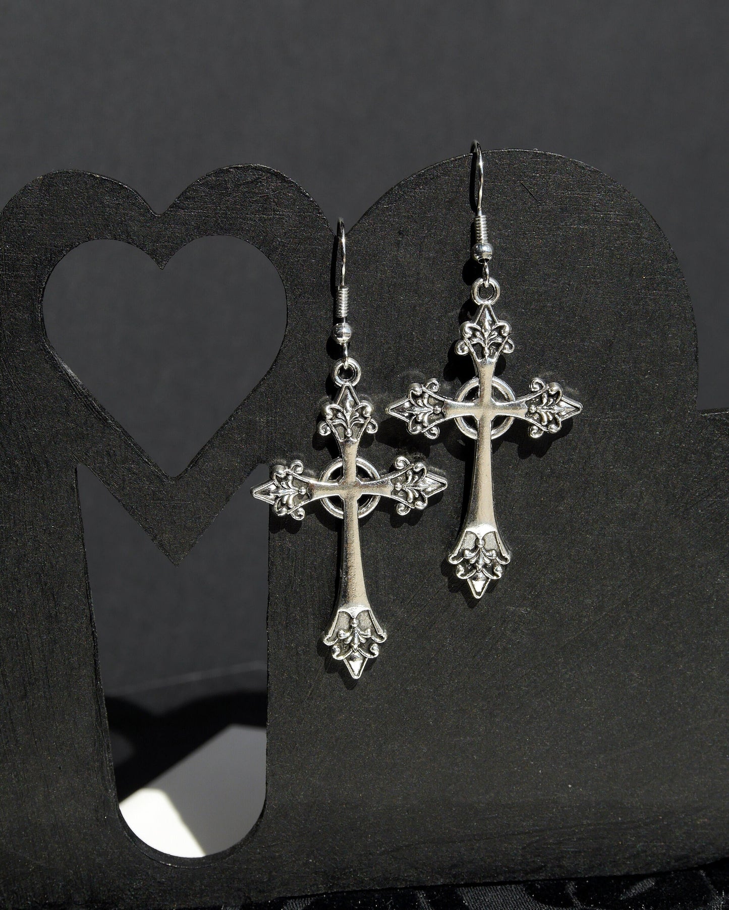 Gothic Antique Silver Tone Christian Cross Earrings (Ear Hook, Stud or Clip On)