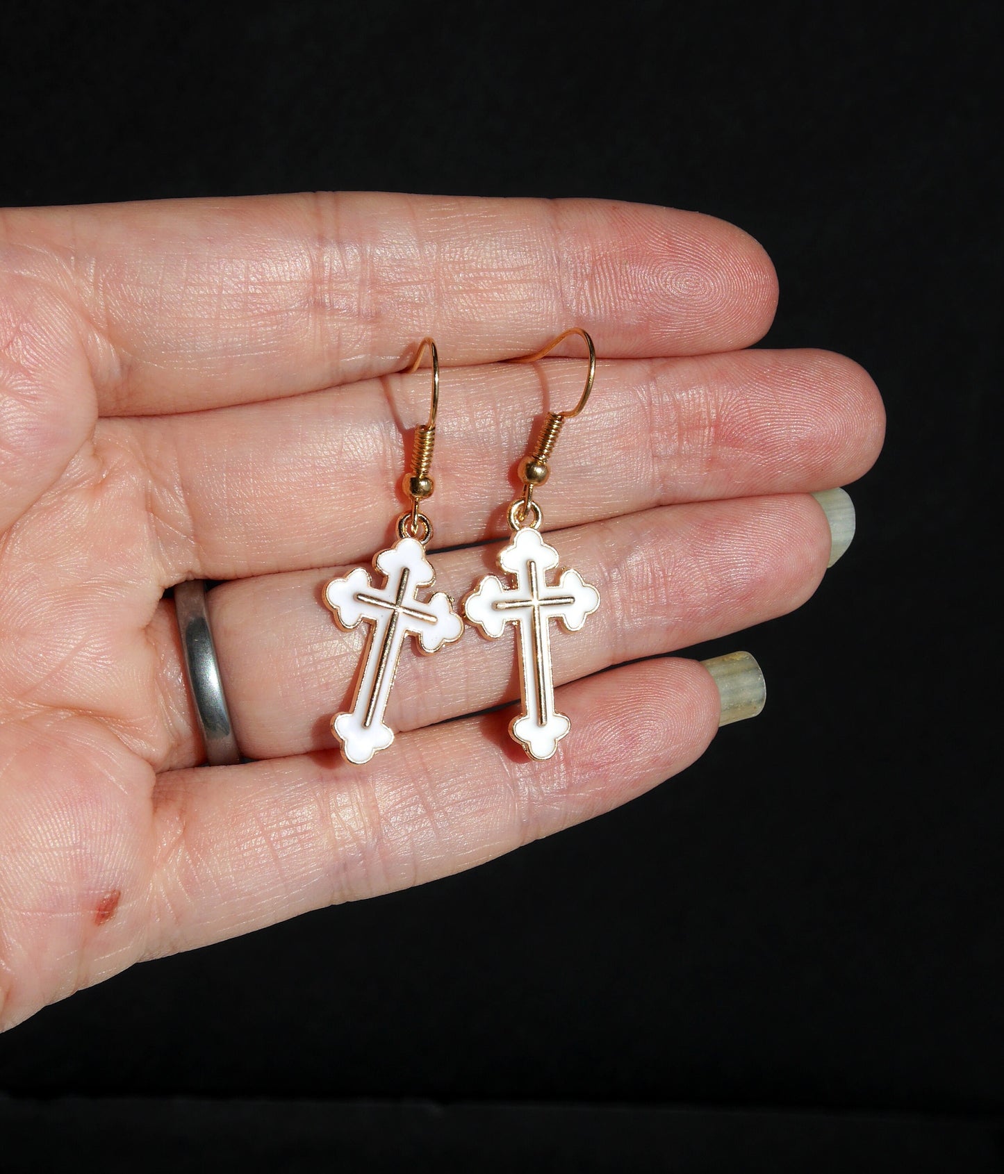 Black and Gold Cross or White and Gold Enamel Cross Shaped Earrings