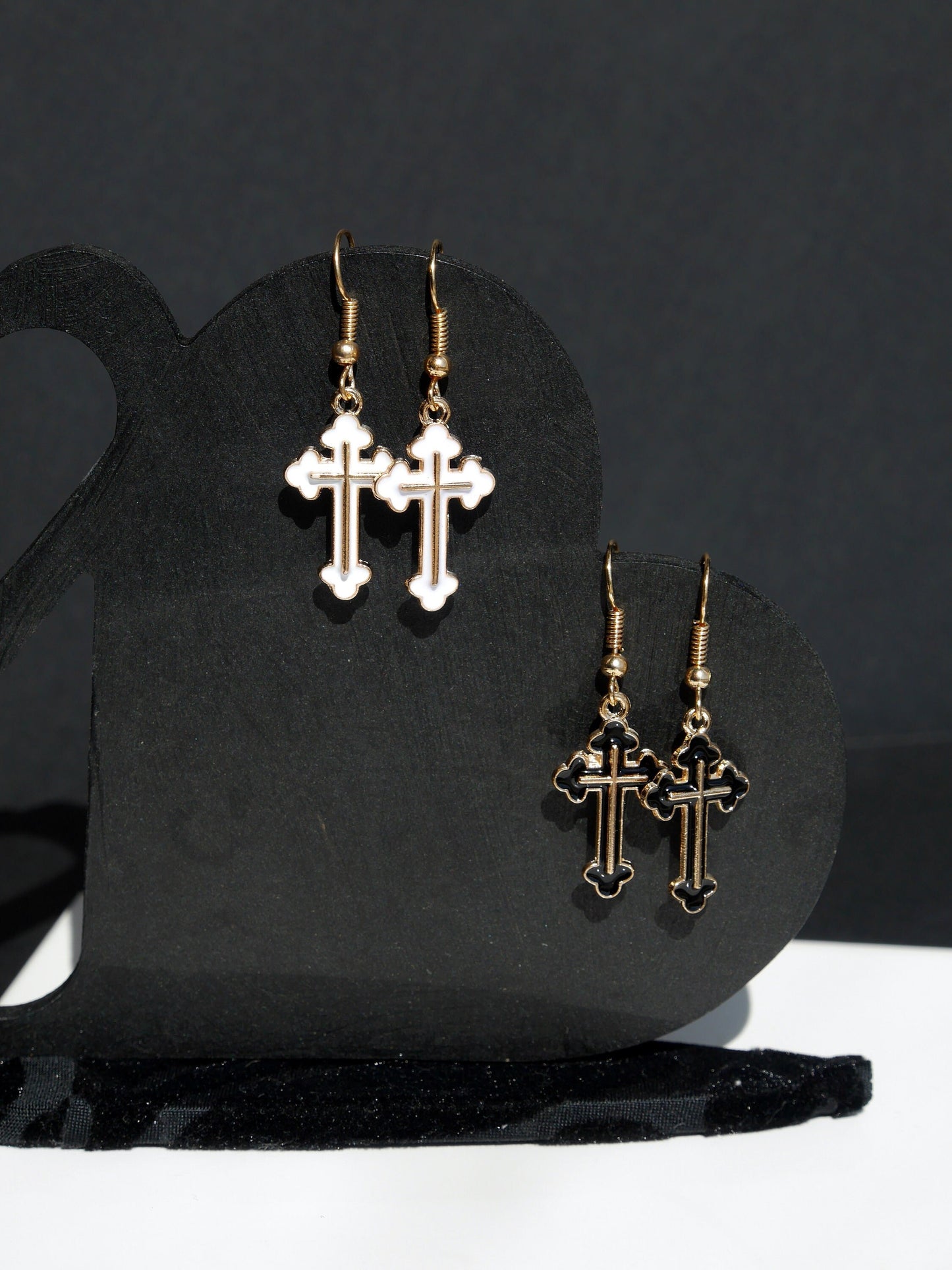 Black and Gold Cross or White and Gold Enamel Cross Shaped Earrings