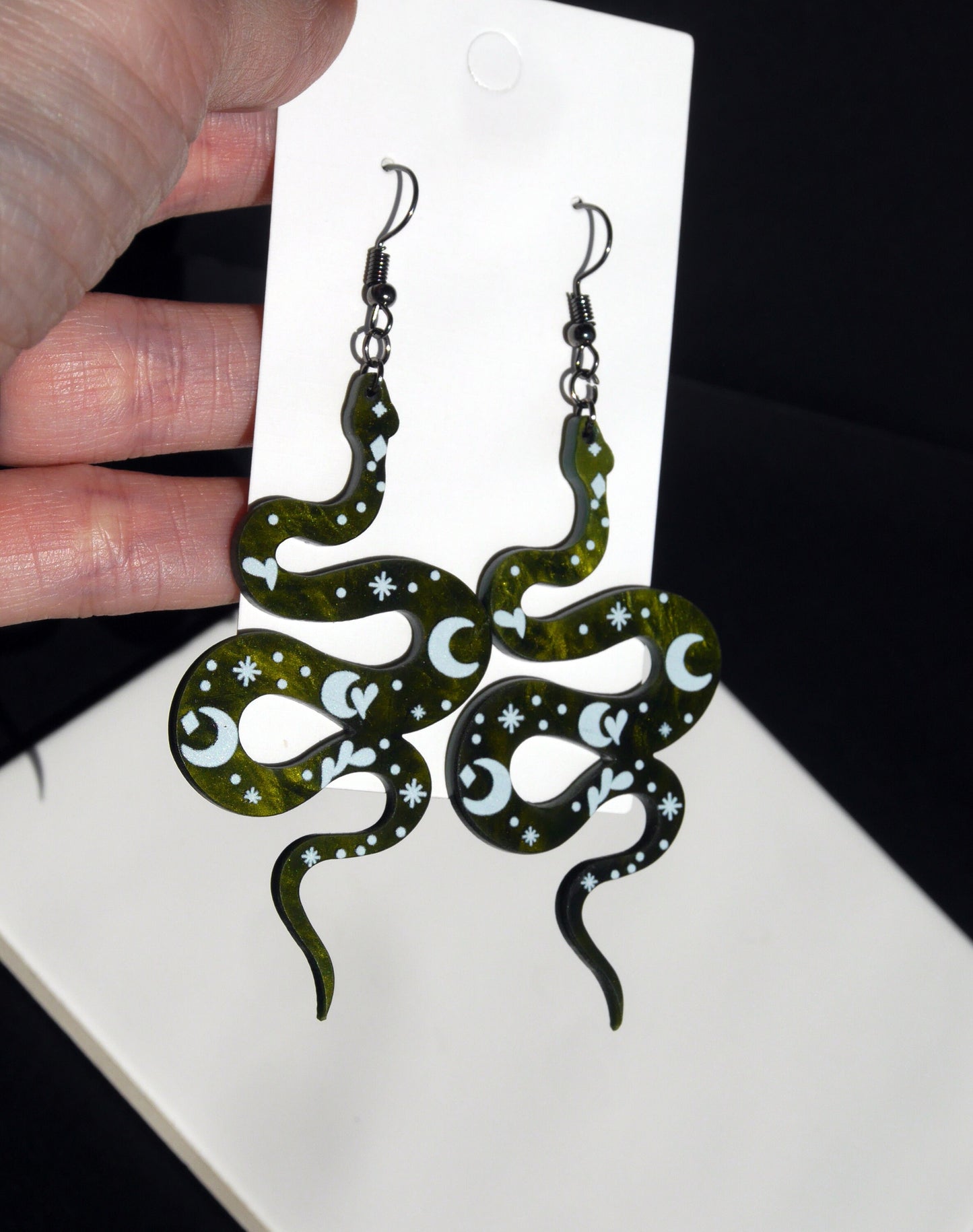 Large Green Serpent Snake Shaped Earrings (Ear Hook, Stud or Clip On)
