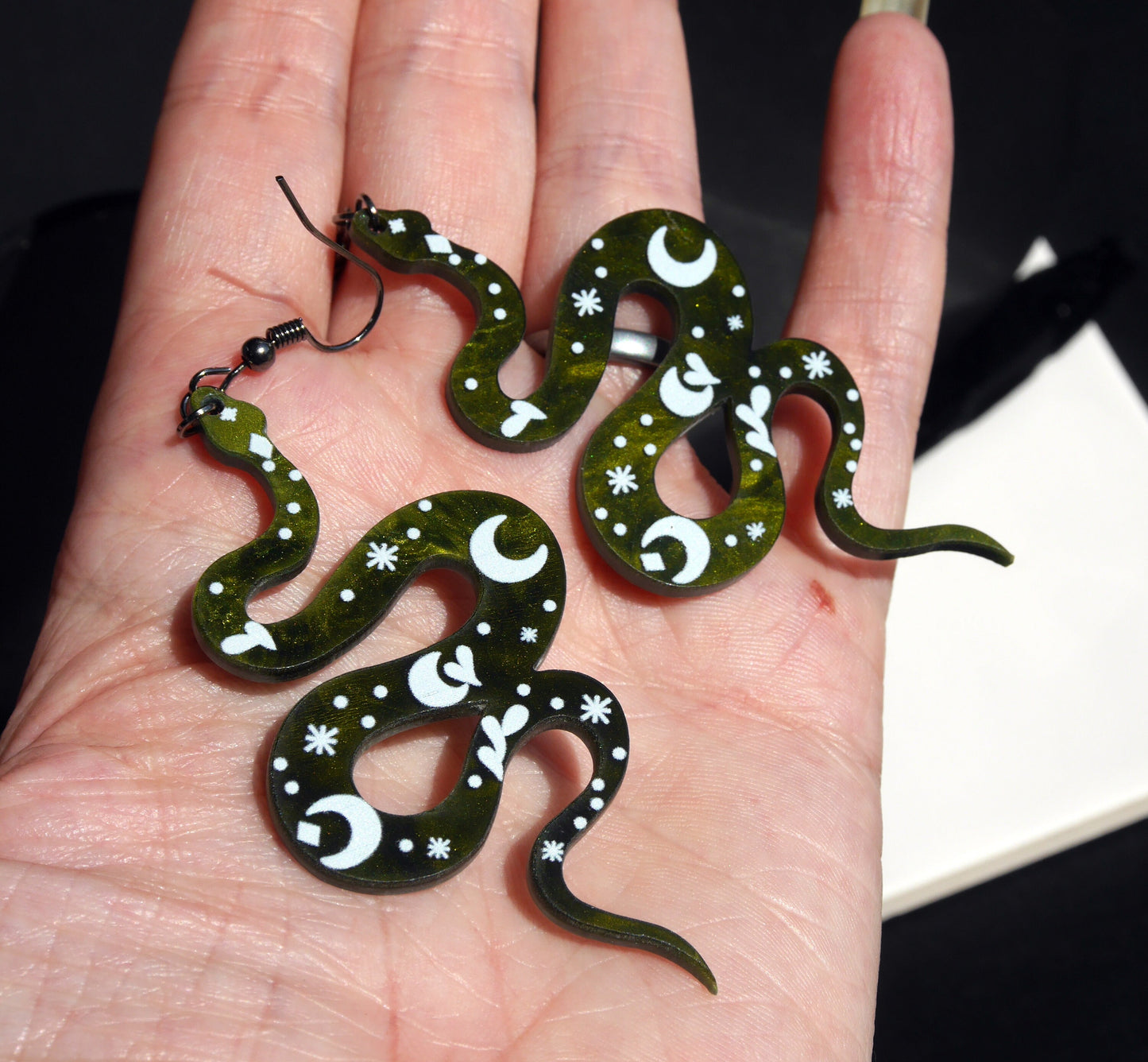 Large Green Serpent Snake Shaped Earrings (Ear Hook, Stud or Clip On)