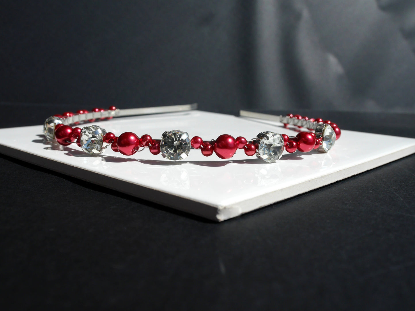 Thin Red Pearl and Diamante Tiara Hair Accessory