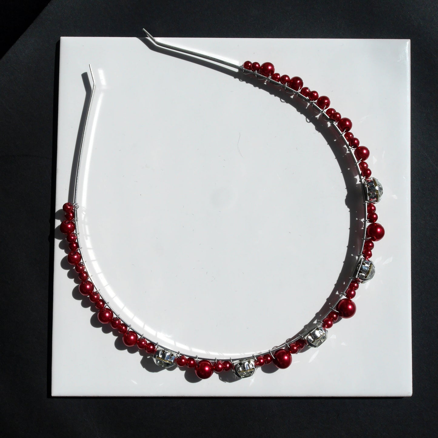 Thin Red Pearl and Diamante Tiara Hair Accessory