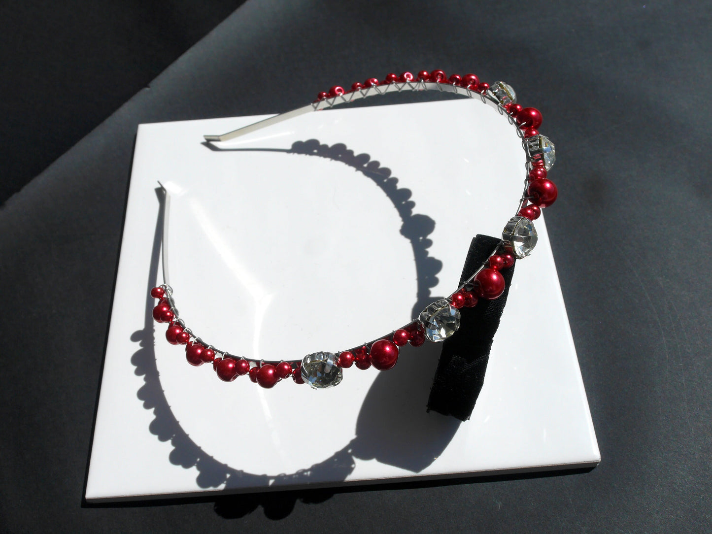 Thin Red Pearl and Diamante Tiara Hair Accessory