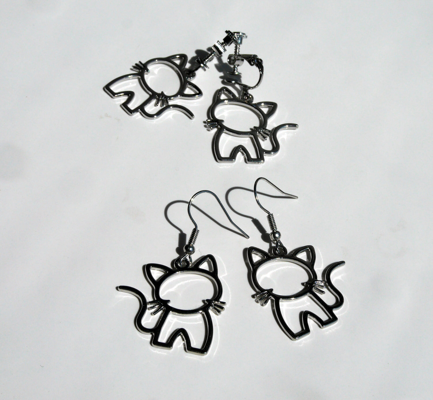 Pussy Cat Outline Shaped Silver Tone Earrings (Ear Hook, Studs or Clip On)