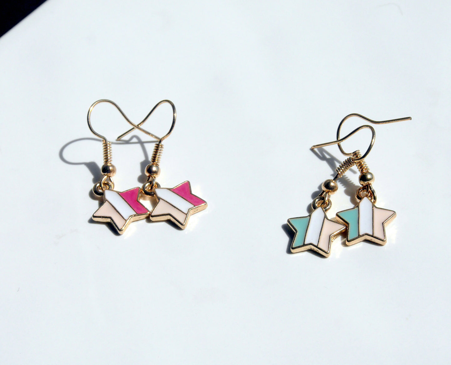Celestial Gold Star Shaped Earrings with Pink or Green Enamel Stripes