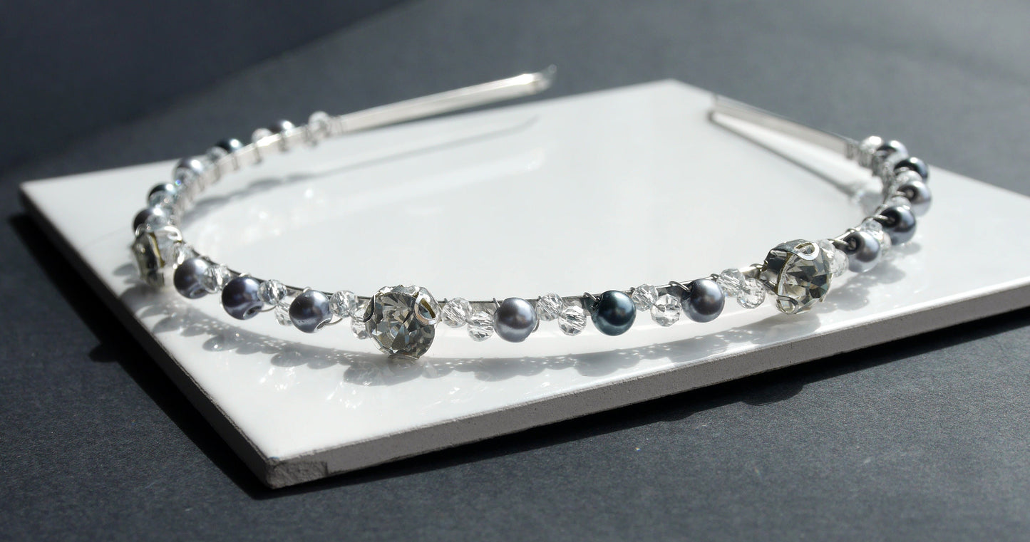 Thin Silver Grey Pearl Tiara Head Band Hair Accessory