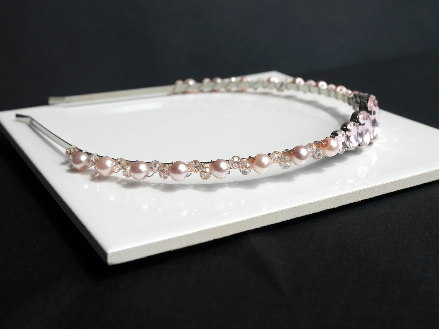 Thin Pink Pearl Diamante Prom Wedding Tiara Headband