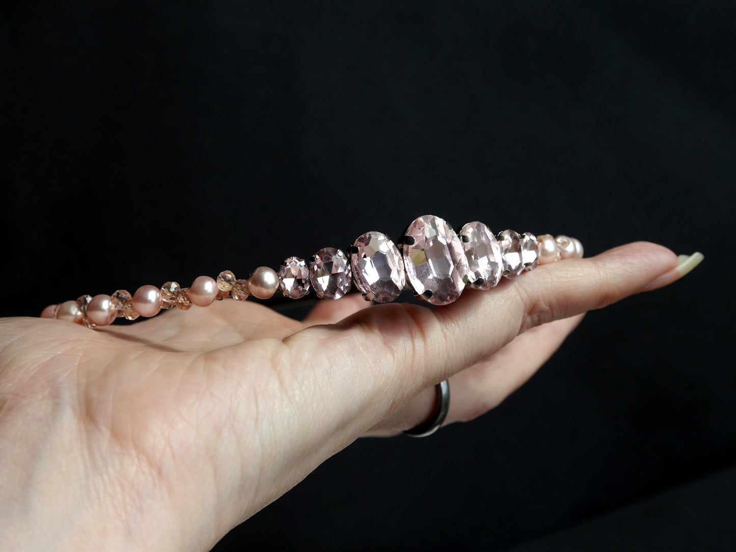 Thin Pink Pearl Diamante Prom Wedding Tiara Headband