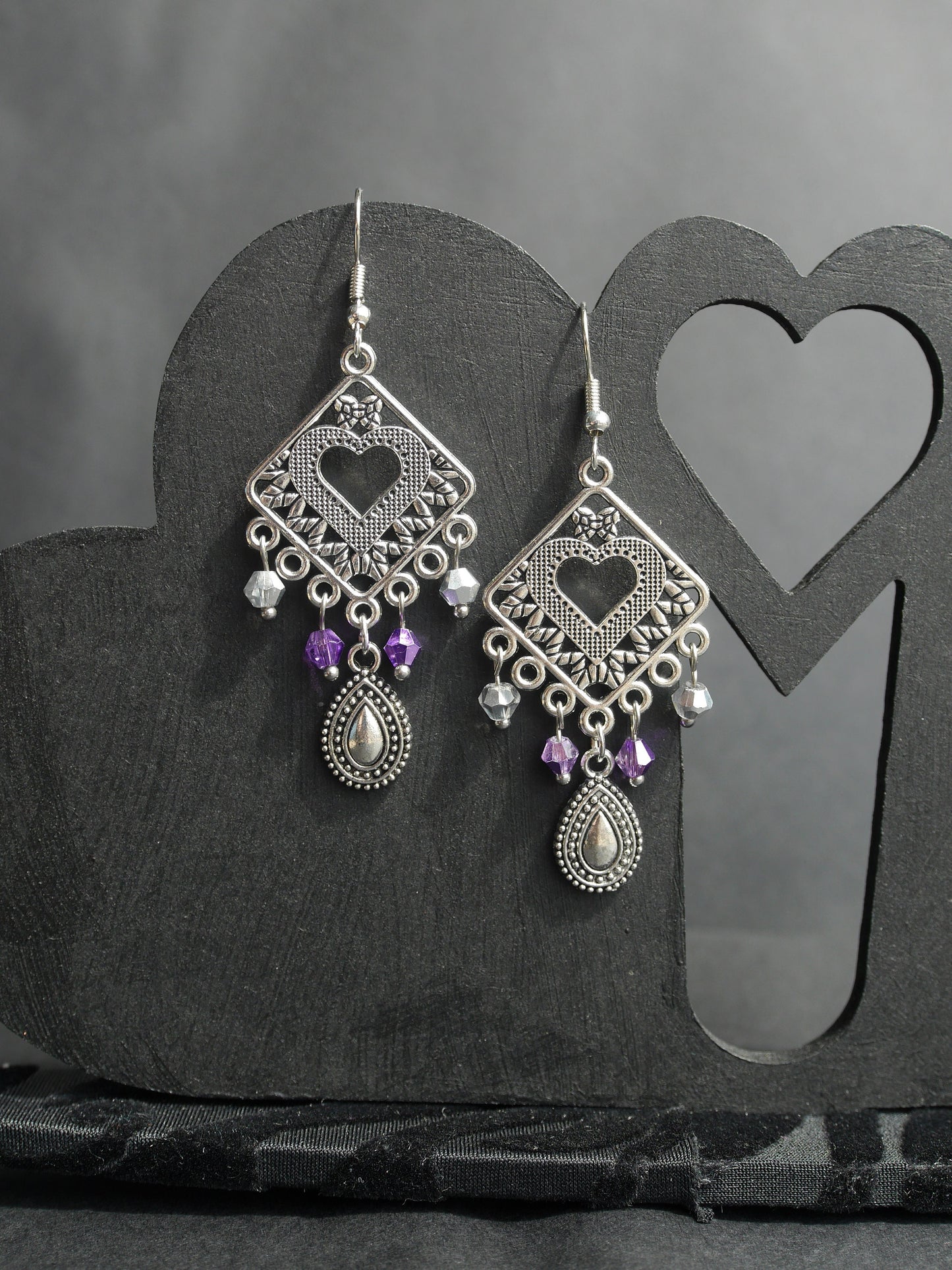 Silver Purple Filigree Earrings (Ear Hook, Stud or Clip On)