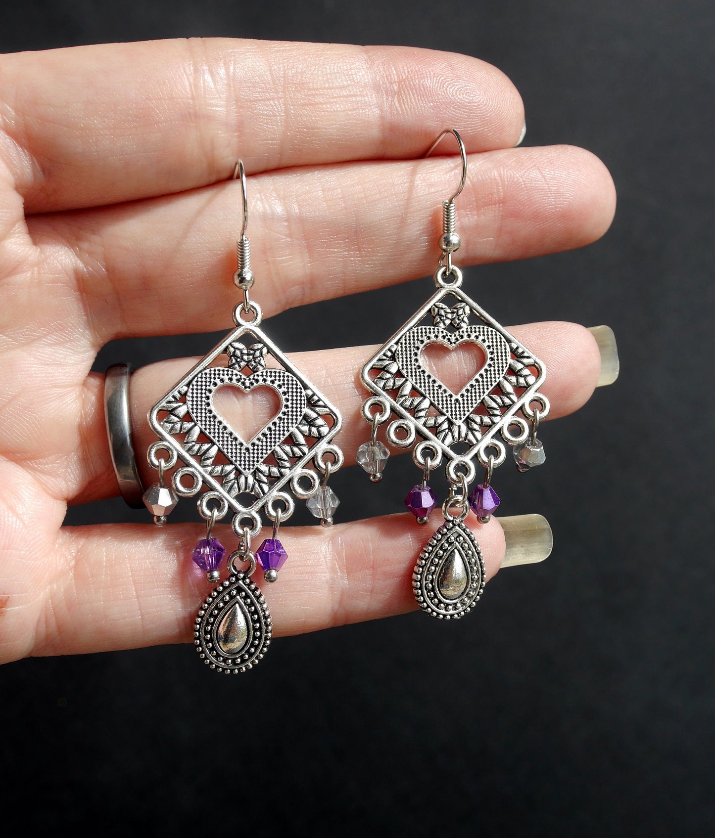 Silver Purple Filigree Earrings (Ear Hook, Stud or Clip On)