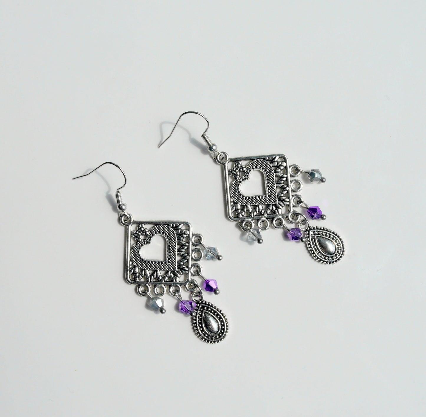 Silver Purple Filigree Earrings (Ear Hook, Stud or Clip On)