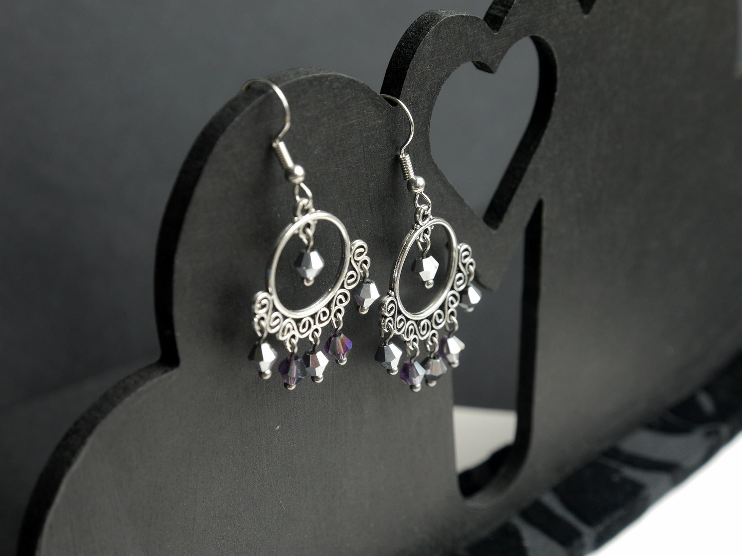 Silver Purple Dangling Filigree Earrings