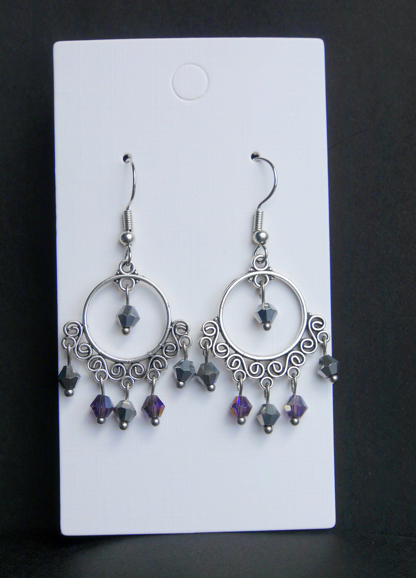 Silver Purple Dangling Filigree Earrings