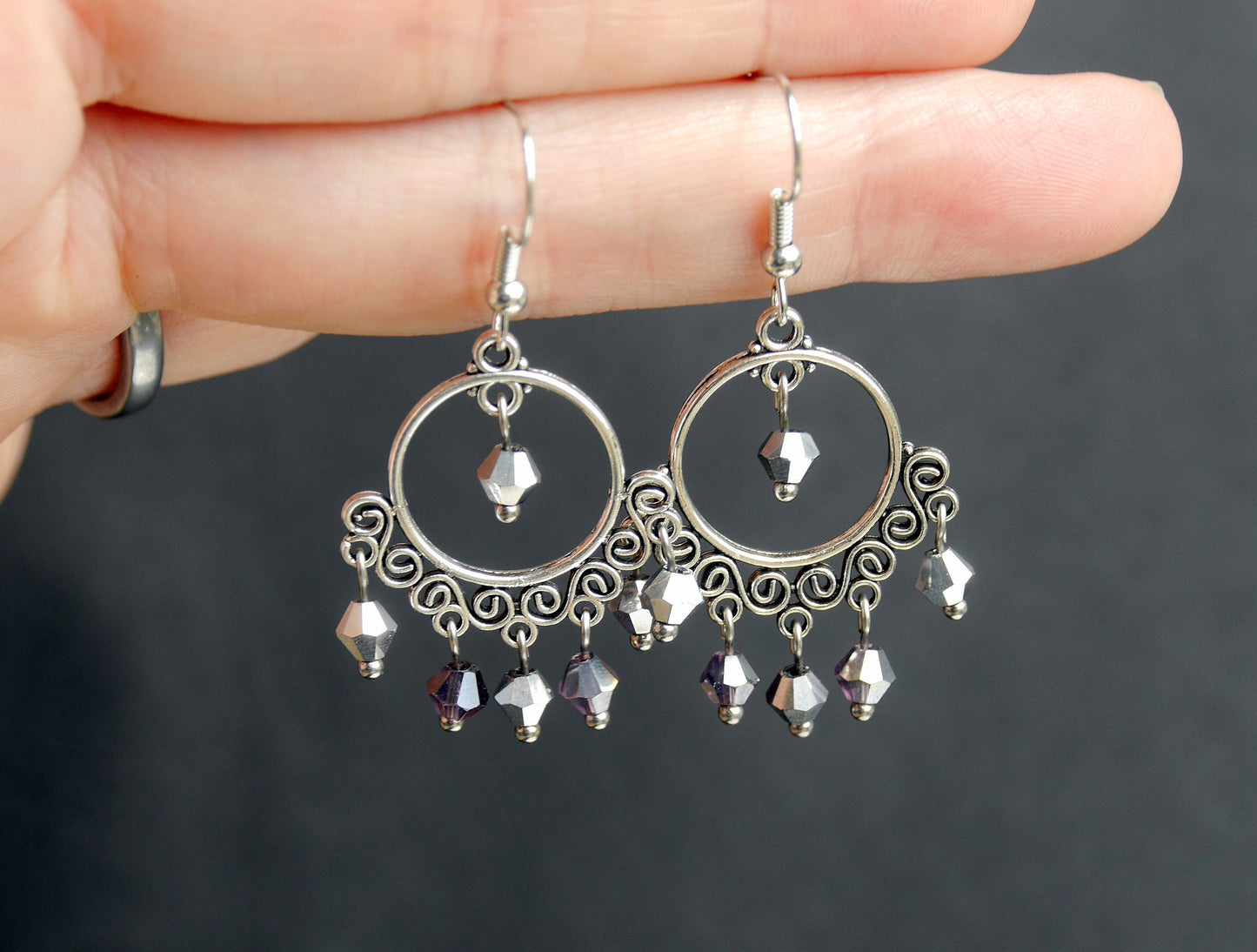 Silver Purple Dangling Filigree Earrings