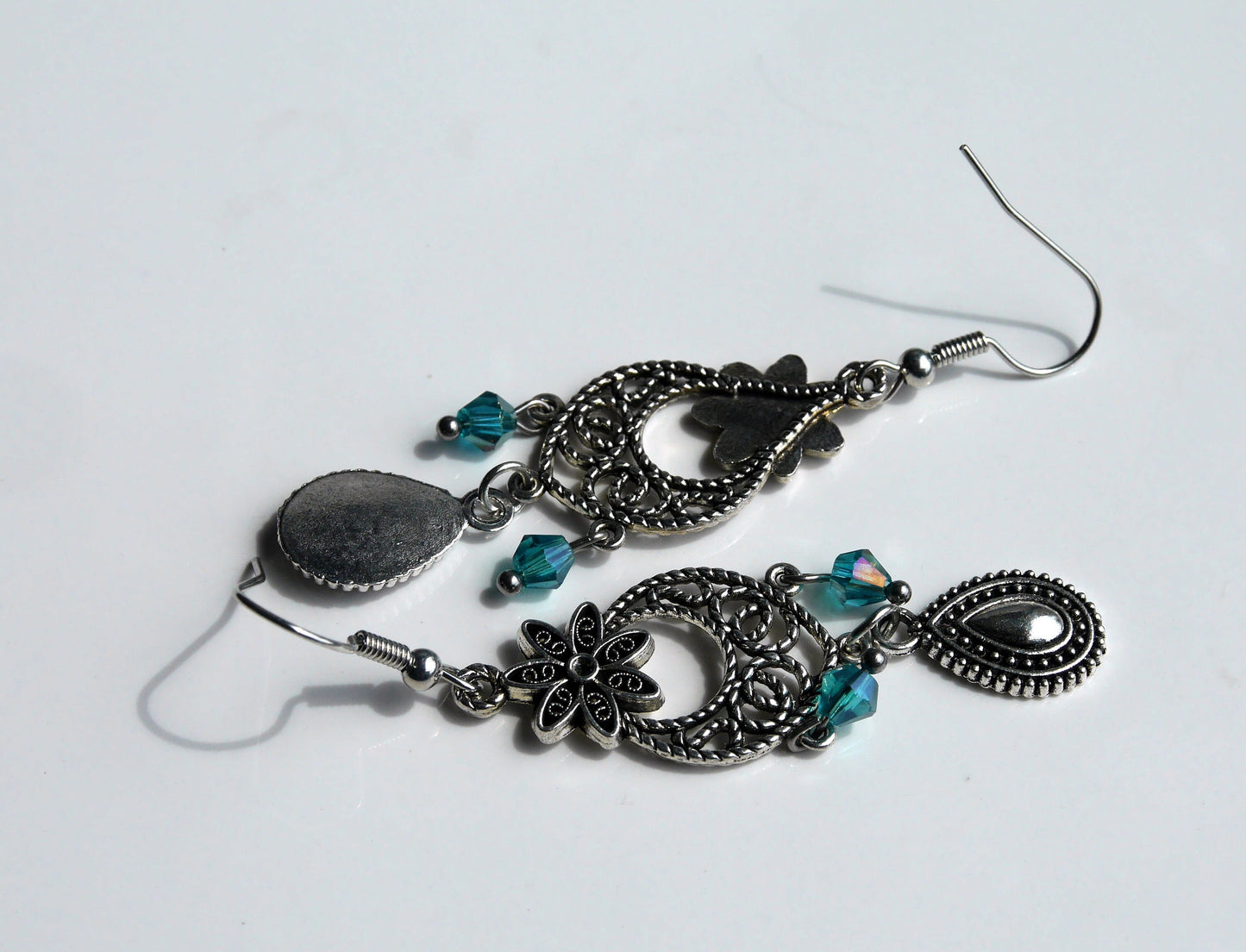 Silver Blue Filigree Charm Earrings