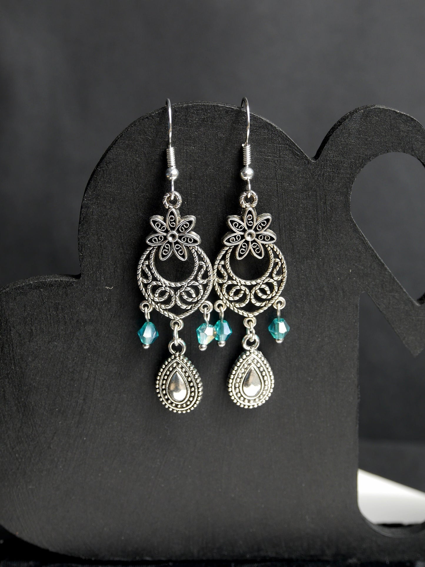Silver Blue Filigree Charm Earrings