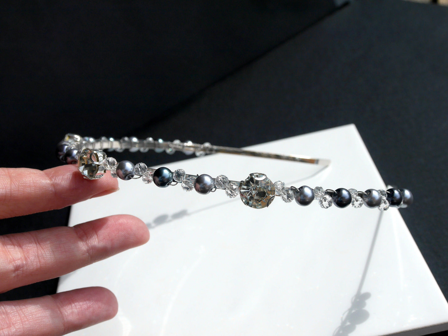 Thin Silver Grey Pearl Tiara Head Band Hair Accessory