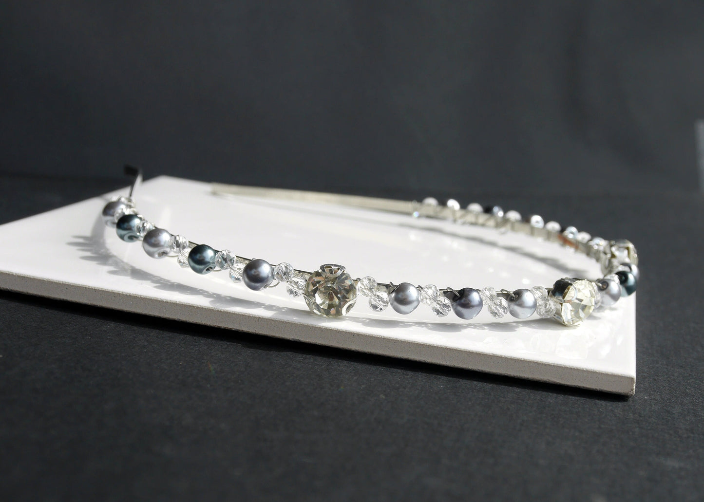 Thin Silver Grey Pearl Tiara Head Band Hair Accessory