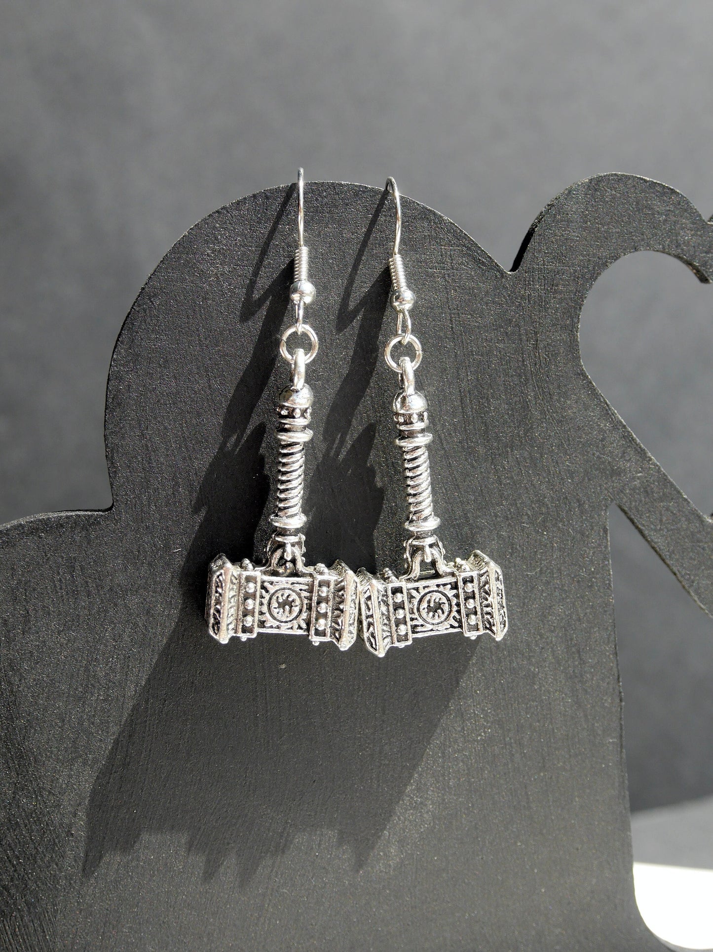 Ladies Teens Fantasy Silver Toned Hammer Mace Shape Earrings