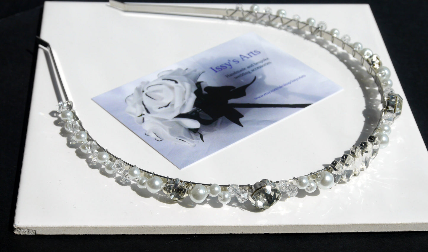 Thin White Pearl and Rhinestone Bridal Prom Tiara