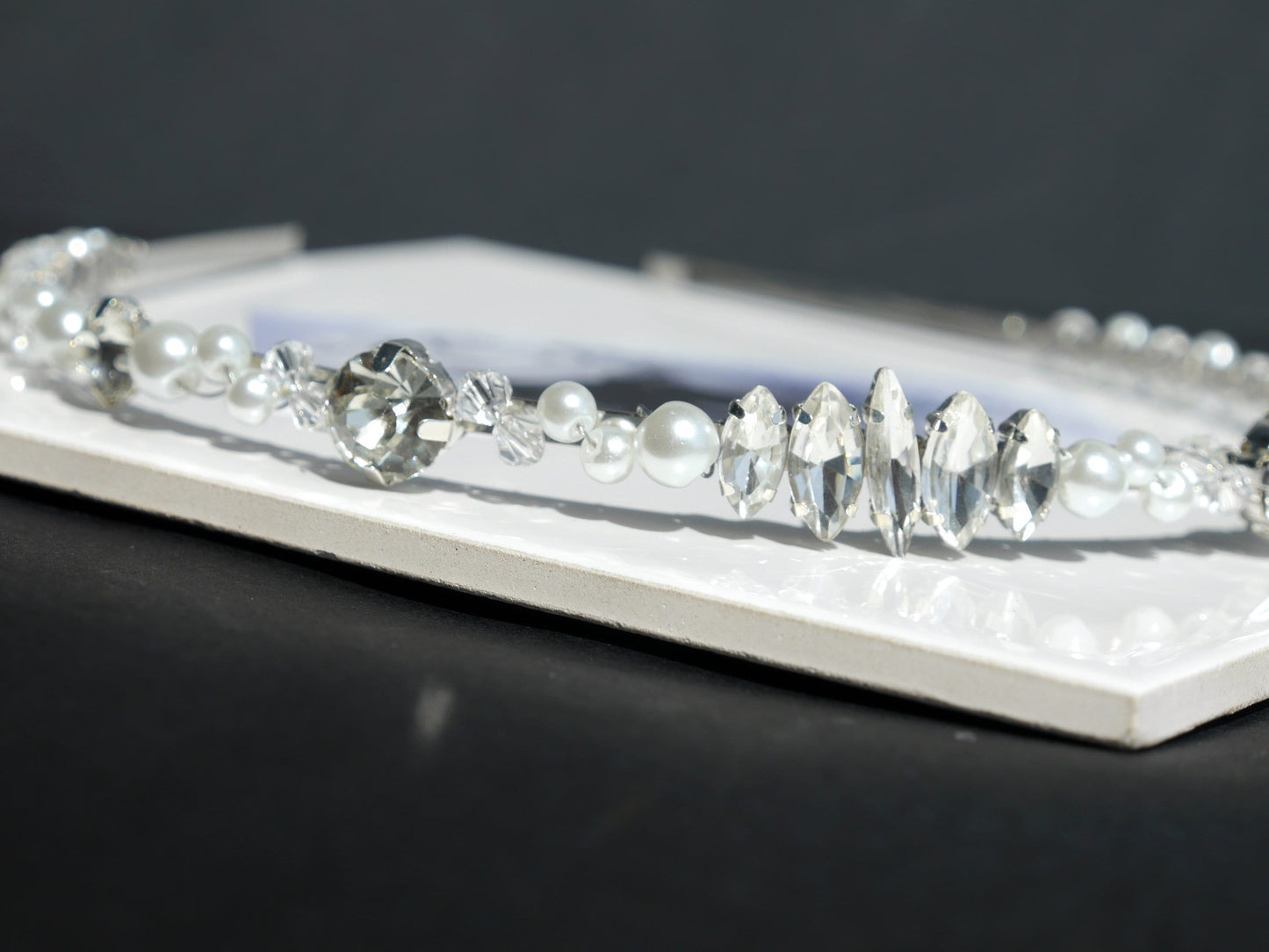 Thin White Pearl and Rhinestone Bridal Prom Tiara