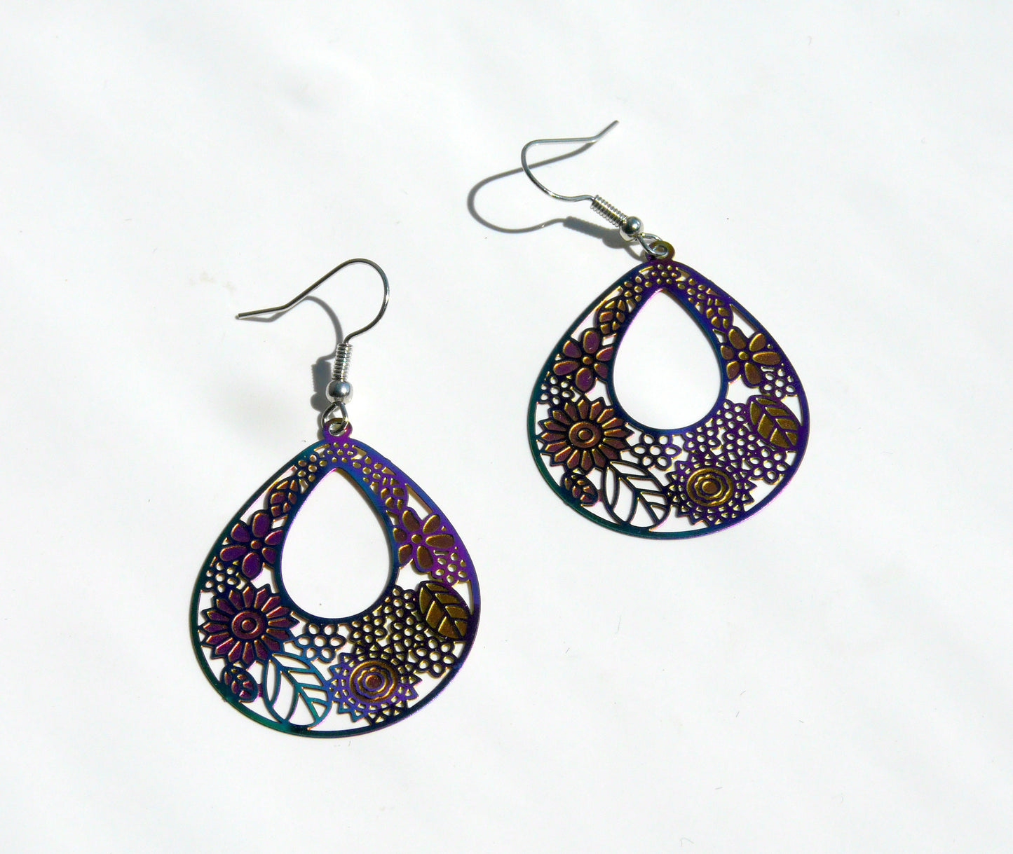 Colourful Iridescent Teardrop Filigree Statement Earrings (Ear Hook, Stud and Clip On)