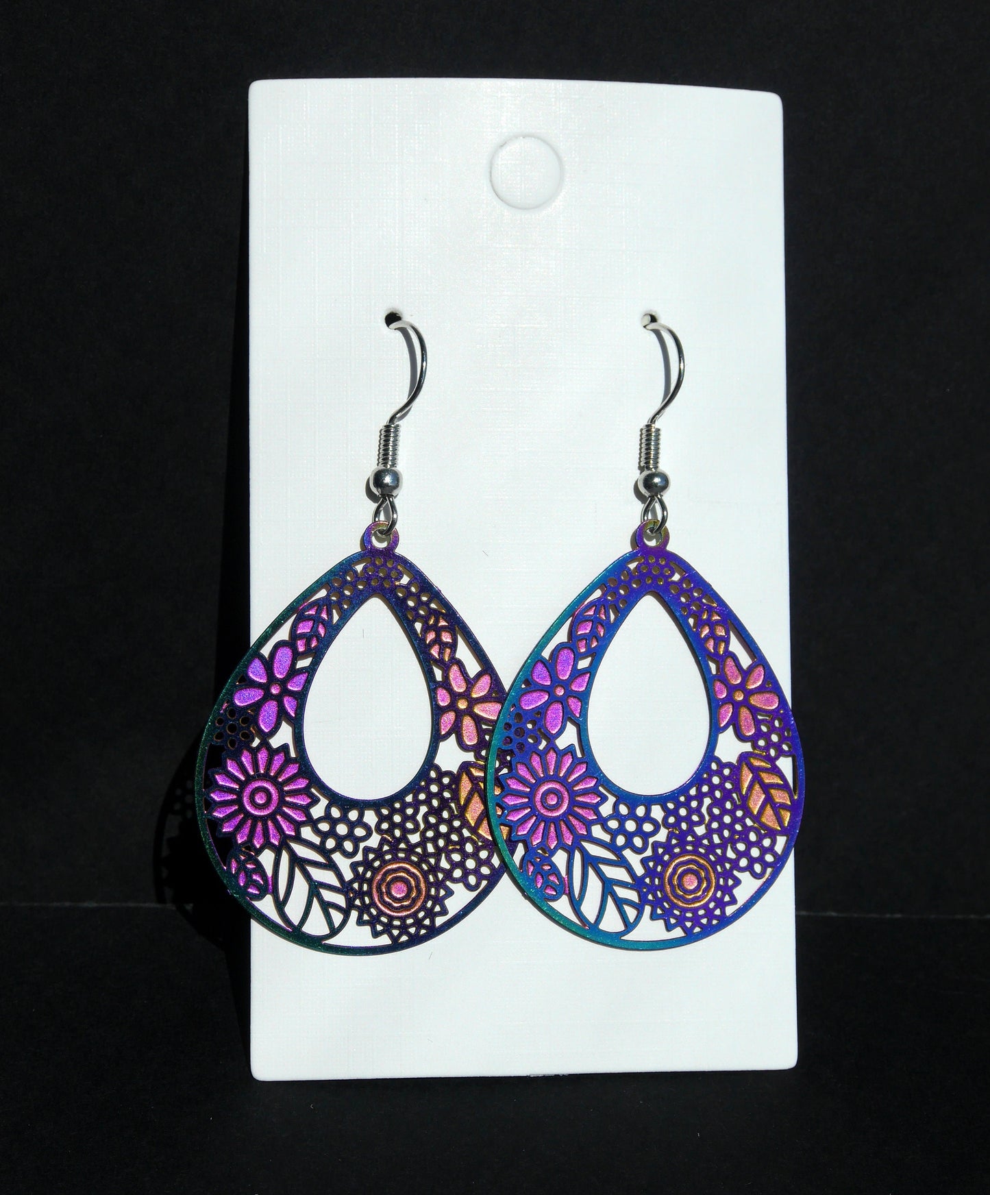 Colourful Iridescent Teardrop Filigree Statement Earrings (Ear Hook, Stud and Clip On)