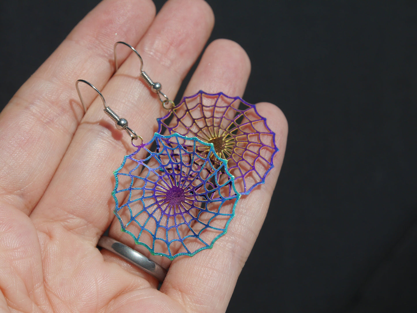 Colourful Rainbow Iridescent Spider Web Shaped Filigree Earrings (Ear Hook, Stud or Clip On)