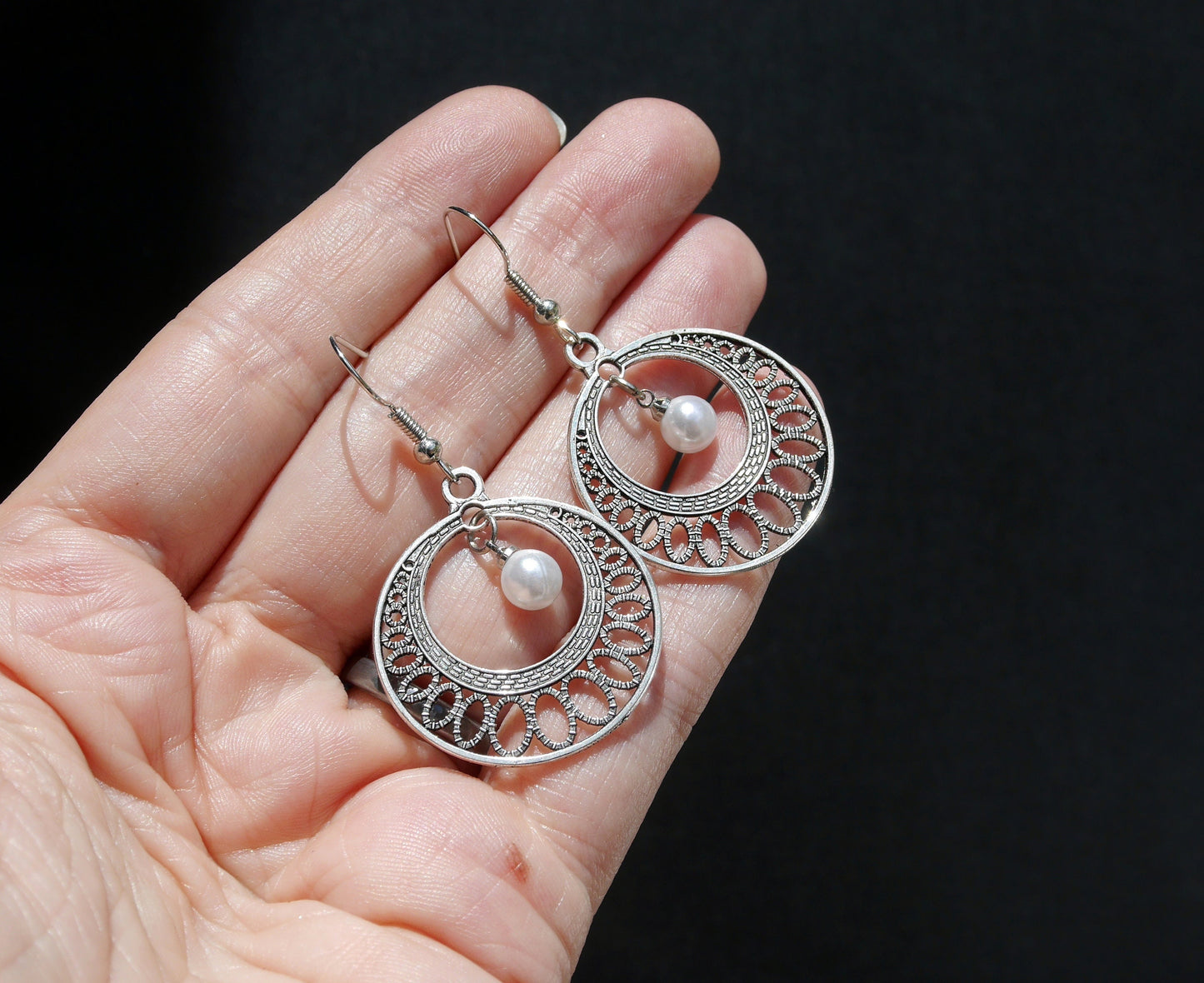 Silver Toned Round Filigree Earrings