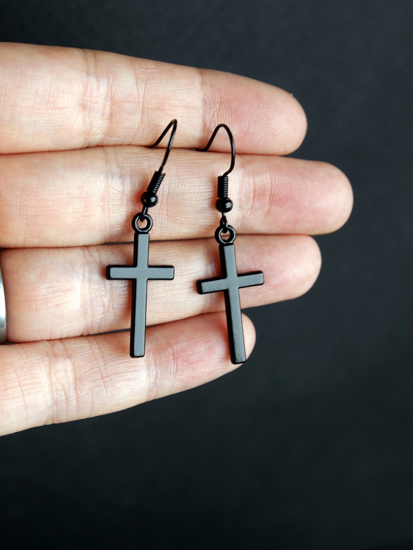 Gothic Black Christian Cross Shaped Hook Earrings