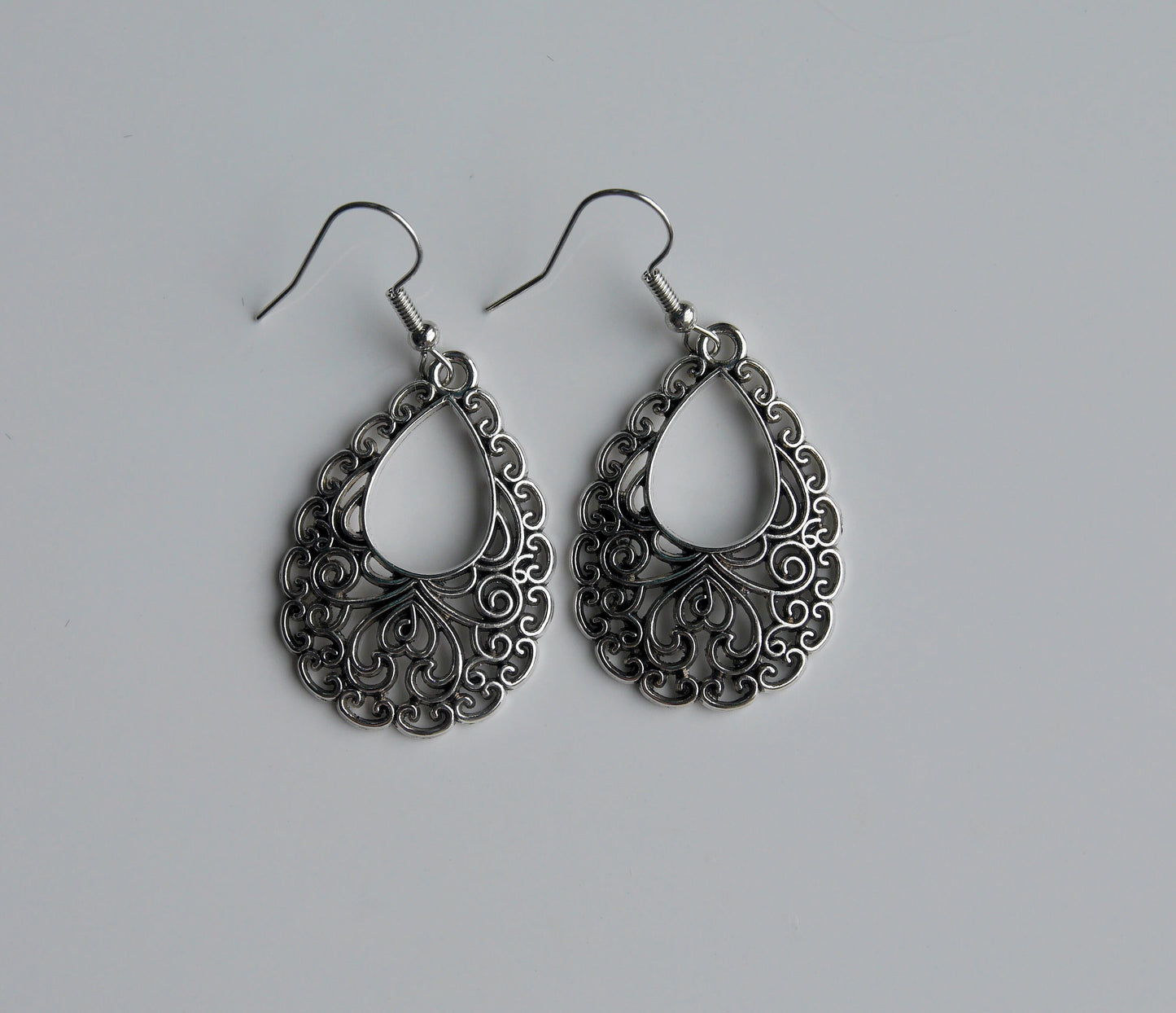Silver Toned Teardrop Small Filigree Earrings (Ear Hook, Stud and Clip On)
