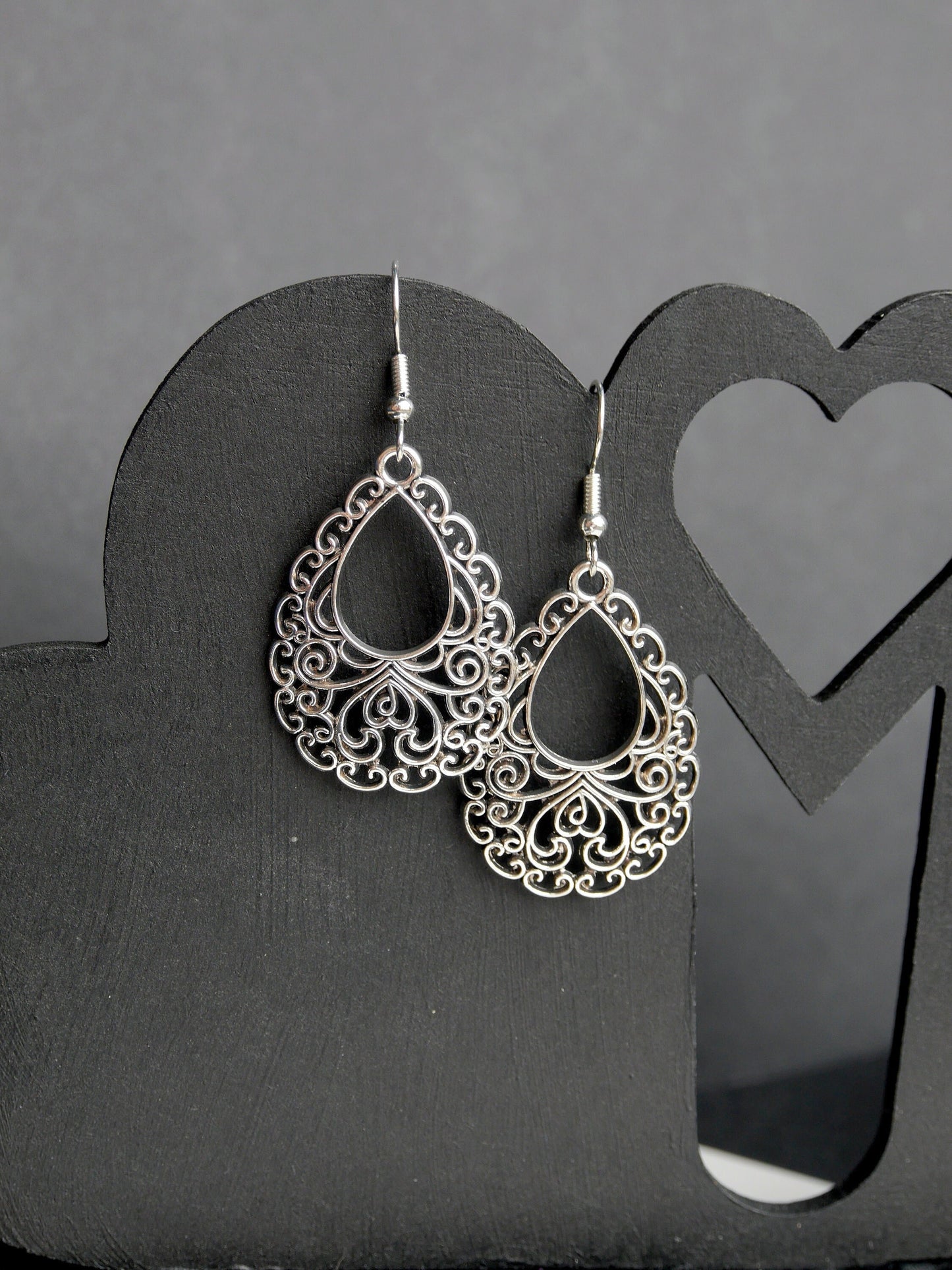 Silver Toned Teardrop Small Filigree Earrings (Ear Hook, Stud and Clip On)