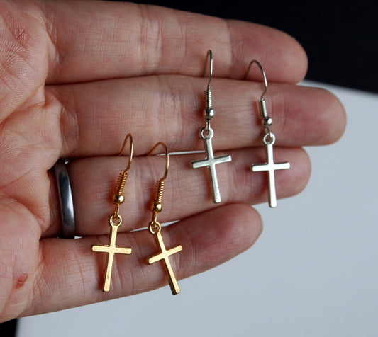 Small Silver Tone Cross or Gold Tone Cross Earrings